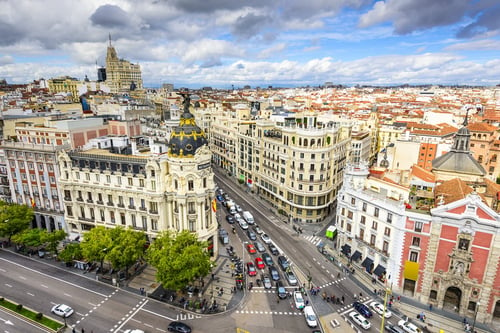 Madrid, Spain cityscape above Gran Via shopping street.-1