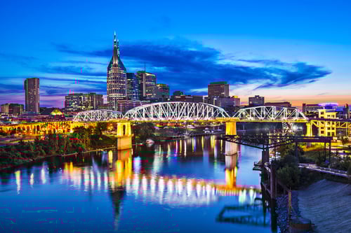 Nashville, Tennessee downtown skyline at Shelby Street Bridge.