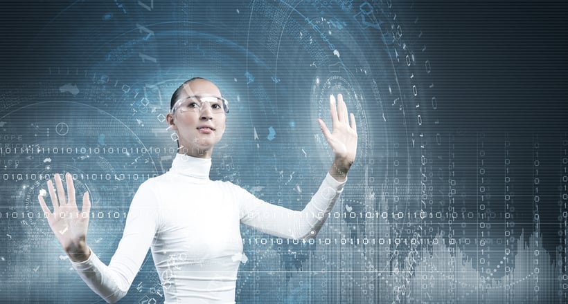 Young pretty asian woman touching digital hologram