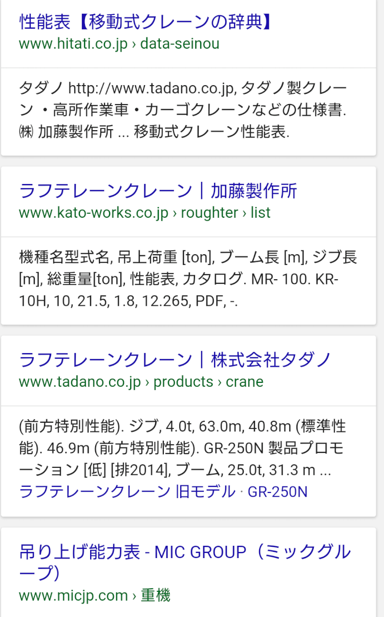クレーン　性能表スマホの検索結果