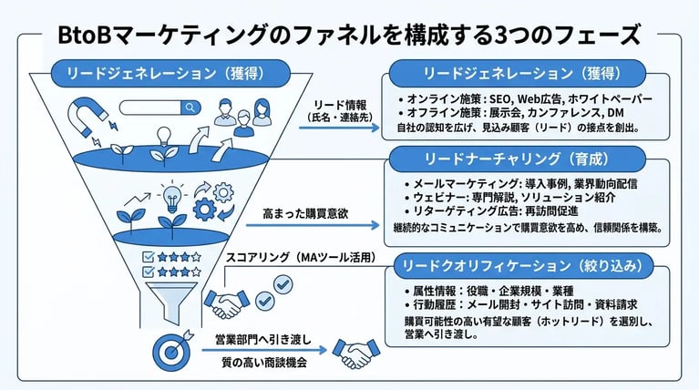 BtoBマーケティングのファネルを構成する3つのフェーズ