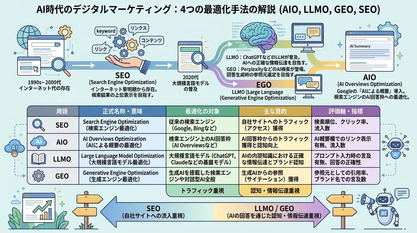 AIO・LLMO・GEO・SEOを一覧で比較する