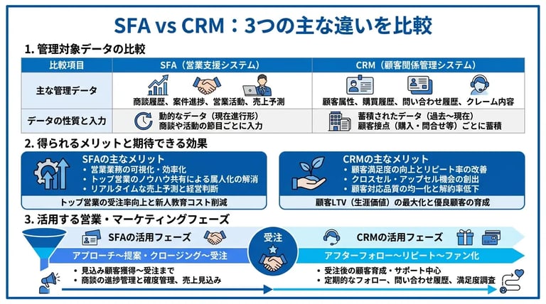 SFAとCRMの比較一覧【機能・メリット・活用フェーズ】