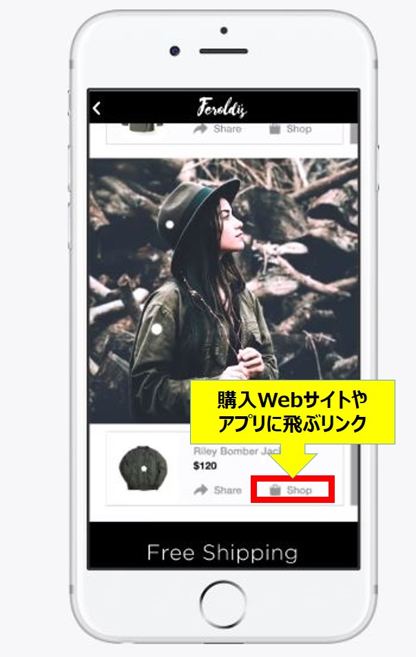 ショッピングへのリンク付きfacebookコレクション広告のサンプル