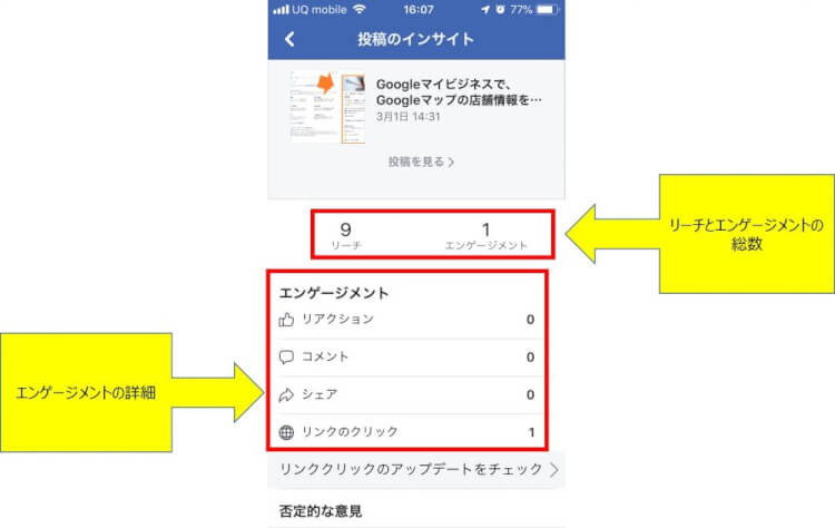 facebookアプリでの投稿のインサイト画面