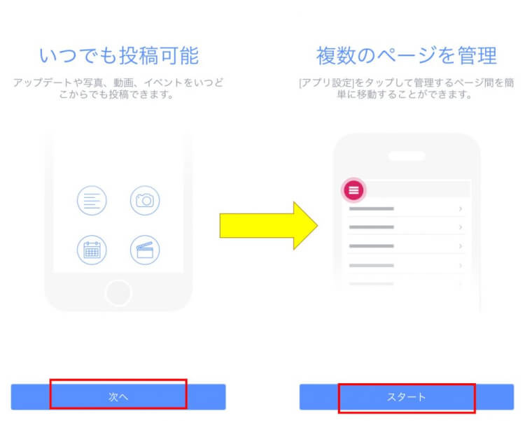 facebookページマネージャを使うために次へとスタートをタップ