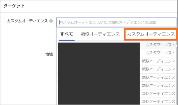facebook広告カスタムオーディエンスプルダウン選択