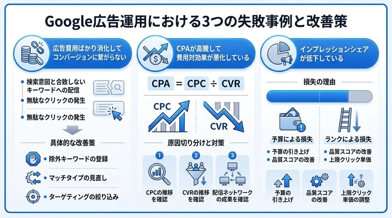 Google広告運用でよくある課題・失敗事例と改善策