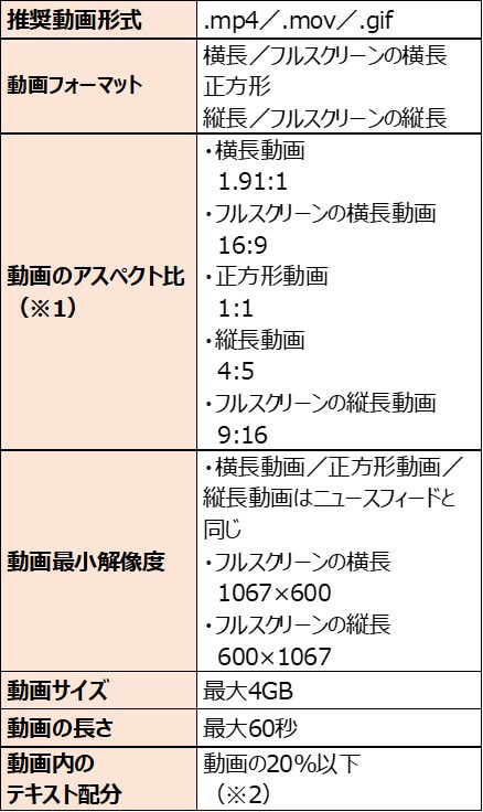 ストリーズの動画広告の要件表