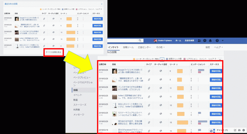 すべての投稿を見るをクリックしてすべての投稿のリーチを見る