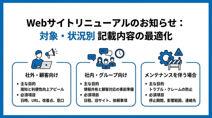 【対象別・場面別】Webサイトリニューアルのお知らせ文例・テンプレート