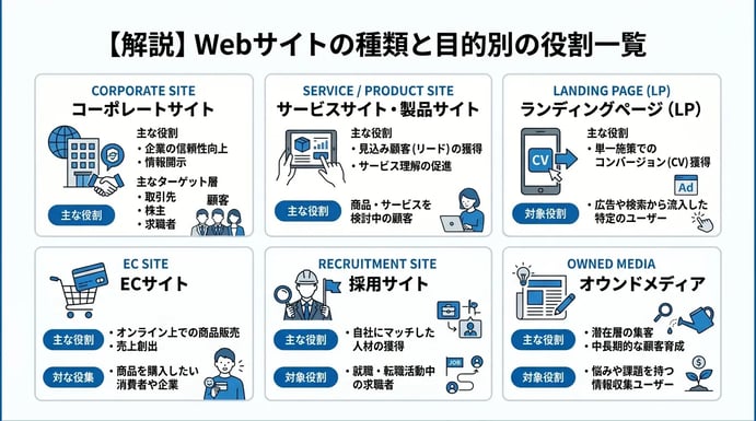 Webサイトの種類と目的別の役割一覧