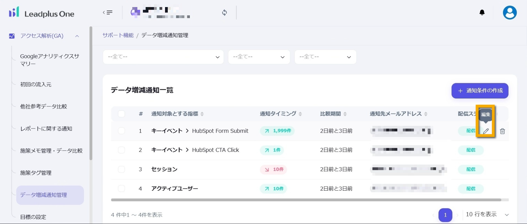 データ増減通知の編集